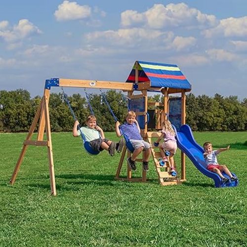 Backyard Discovery Bay Pointe Cedar Wood Swing Set with Wave Slide, Play Deck, Rock Wall Ladder, Belt Swings, Chalkboard, Canopy Roof, Outdoor Playset