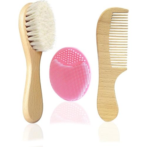 3PCS Baby Hair Brush with Wooden Handle and Comb Set for Newborns & Toddlers | Natural Soft Goat Bristles l Wood Comb l Pink Silicone Brush| Ideal for Cradle Cap