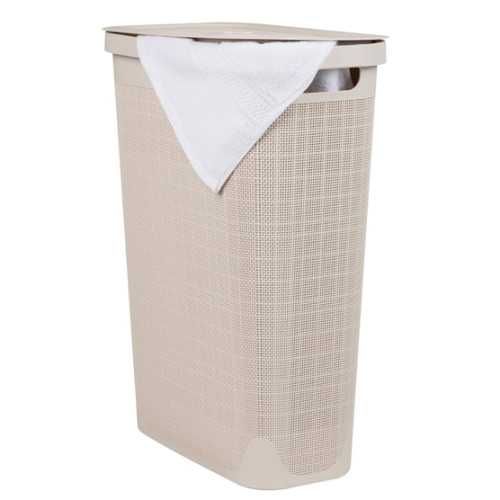 Mind Reader Slim Laundry Hamper with Lid, 40L Clothes Basket, Linen Design, Plastic, Ivory