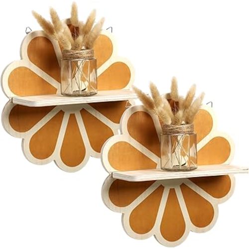 Tatuo 2 Pieces Boho Wooden Flower Wall Shelves Bohemian Candle Holders Hanging Shelf for Living Room Bathroom Bedroom Office Nursery Wall Decor