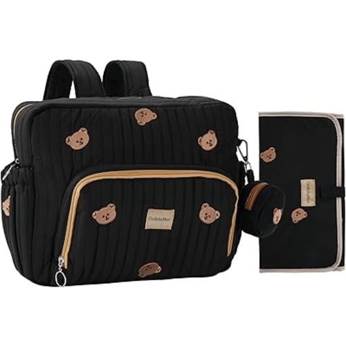 Diaper Bag Backpack, Mini Maternity baby bag with Changing Pad, Insulated Pockets, Stroller Straps & Pacifier Case (Black - Bears)