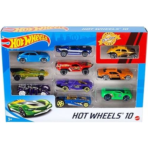 Hot Wheels Toy Cars & Trucks 10-Pack, Set of 10 1:64 Scale Vehicles, Includes Race Cars, Semi, Rescue or Construction Trucks (Styles May Vary)