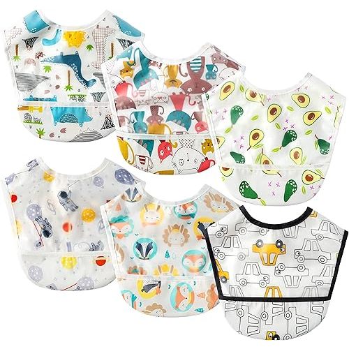 6 Pcs Baby Feeding Bibs Toddler Waterproof Bib Set with Crumb Catcher Pocket Infant Adjustable Baby Teething Bib Babies Food Bibs Keepsake Gift for Baby Shower Christmas New Year, 6-12 Months