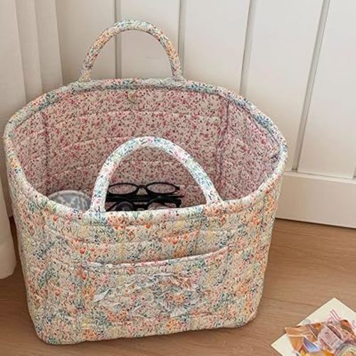 Quilted Fabric Storage Basket Boho Floral Laundry Baskets with Handles Collapsible Quilted Soft Basket for Car, Clothes, Toys Storage