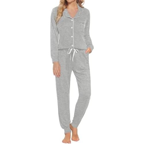 SWOMOG Womens Pajamas Set Long Sleeve Sleepwear Button Down Nightwear Soft Joggers PJs Sets with Pockets Lounge Sets