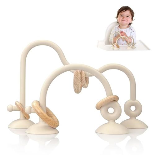 Baby Teething Toy, High Chair Suction Cup Toys for Infant Toddlers 0-6M, Food Grade Silicone Teether, Educational Parent-Child Baby Toys, Montessori Sensory Toy for Babies 6-12Months (Beige)