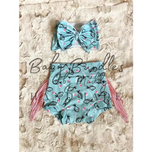 Baby Girl Pink Bobber Fishing Bummies with Pink Fringe and Matching Bow / Oh Fishally One Birthday / Baby Girl Fishing Theme Clothes