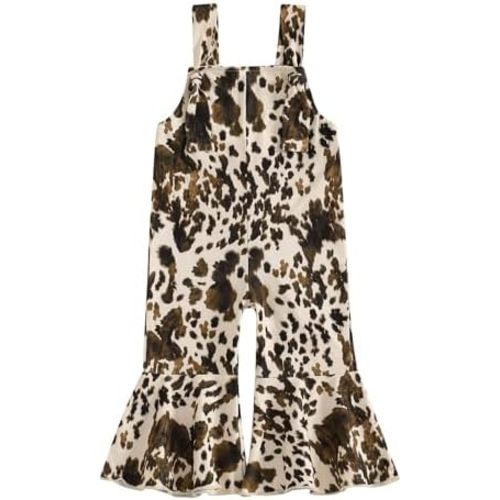 Toddler Baby Girl Cowgirl Outfit Cow Print Overalls Bell Bottom Jumpsuit Suspender Romper Pants Western Clothes