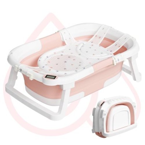 Aprpink Foldable Baby Bathtub PP+TPE with Soft Bath Net&Thermometer for 0-36 Months Toddler Pink