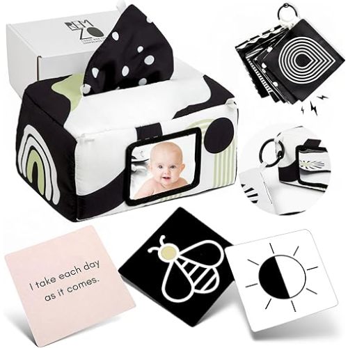 REMZO Baby Development Bundle | 3-in-1 Baby Tissue Box Toy + 2-in-1 Baby Flash Cards w/Mom Affirmations | Sensory Play and Visual Stimulation for Infants | Montessori Toys for Newborns