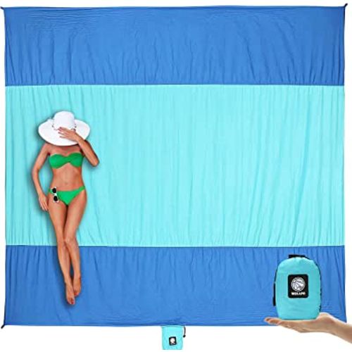 WEKAPO Beach Blanket Sandproof, Extra Large Beach Mat, Big & Compact Sand Free Mat Quick Drying, Lightweight & Durable with 6 Stakes & 4 Corner Pockets