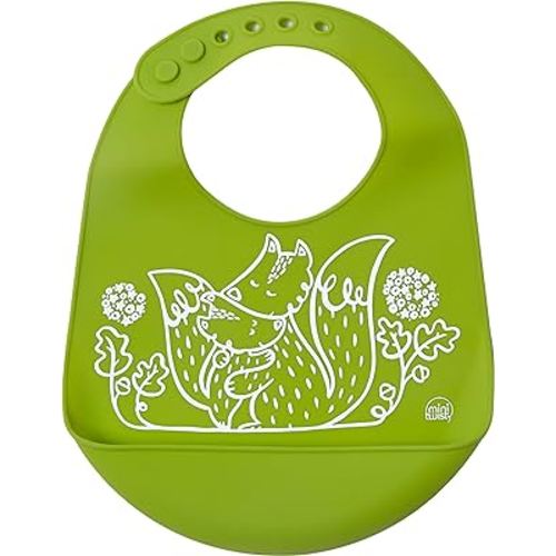 modern-twist Bucket Bib 100% plastic free silicone, waterproof, adjustable, dishwasher safe, Green Foxes
