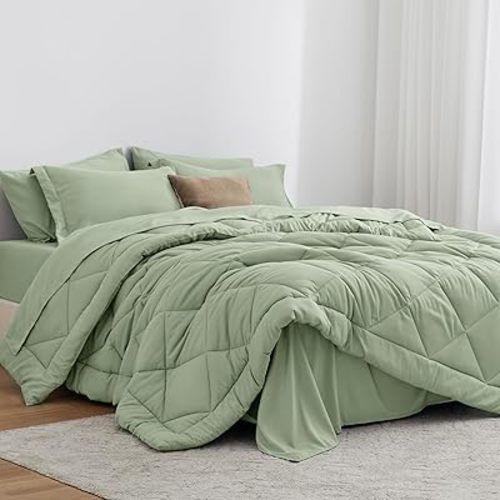 Love's cabin Twin Comforter Set Sage, 5 Pieces Twin Bed in a Bag, All Season Bedding Sets with 1 Comforter, 1 Flat Sheet, 1 Fitted Sheet, 1 Pillowcase and 1 Pillow Sham
