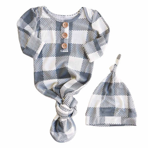 Big Check Bamboo Waffle Newborn Baby Knot Gown & Hat Set | Denim