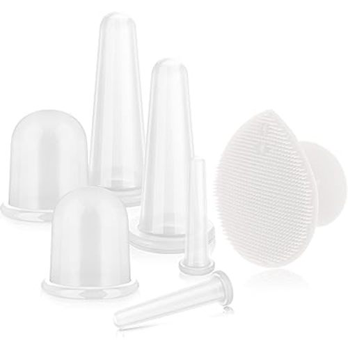 BBTO Silicone Facial Cupping Set, Vacuum Massage Cup Kit for Body, Face, Neck, Back, and Eye, 6 Cups and Exfoliating Brush (Clear)