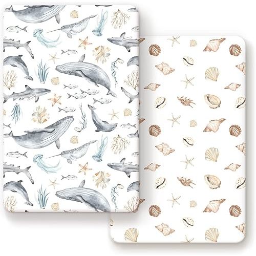 GRSSDER Stretchy Super Soft Jersey Knit Fitted Pack n Play Sheets Set 2 Pack,Portable/Mini Crib Sheets Snug and Safe,Beautiful Marine Organism for Boys and Girls
