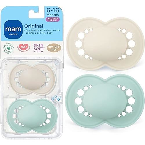 MAM Original Matte Baby Pacifiers 6-16 Months, Binky for Newborn Babies, BPA-Free Skin Soft Silicone Nipple, Easy to Clean, Developed with Medical Experts, 2 Pk, with Sterilizer Case, Made in Europe
