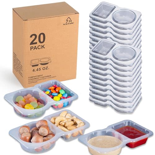 MACTANO 20 Sets Condiment Container with Lid, Disposable Double Compartment Plastic Container for Sauce Snack