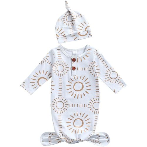 Newborn Baby Boy Girl Knotted Gowns Long Sleeve Printed Sleeping Bag Coming Home Outfit Nightgown Pajamas Hat Set