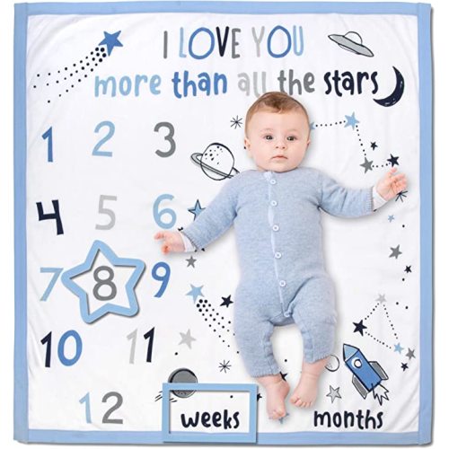 Baby Weekly, Monthly Milestone Blanket for Baby Boys and Girls with Month & Week Markers for Swaddling and Baby Photo Props (Space)