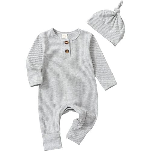 Infant Boys Girls Clothes Set Newborn Baby Romper Hat Ribbed Knit Long Sleeve Button Solid Bodysuit Jumpsuit