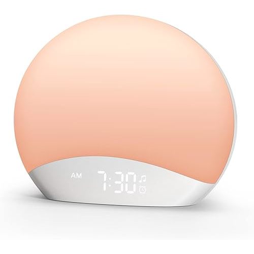 REACHER Sound Machine Sunrise Alarm Clock with Night Light, 26 Nature Inspired Sleep Sounds, 0-100% Dimmable Clock (Color: White)