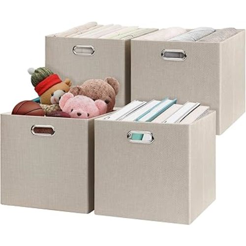 Posprica Storage Cube Basket Bins,13×13 Foldable Storage Boxes for Closet Organizer Shelf Cabinet Bookcase,Thick Fabric Drawer,Set of 4, Beige