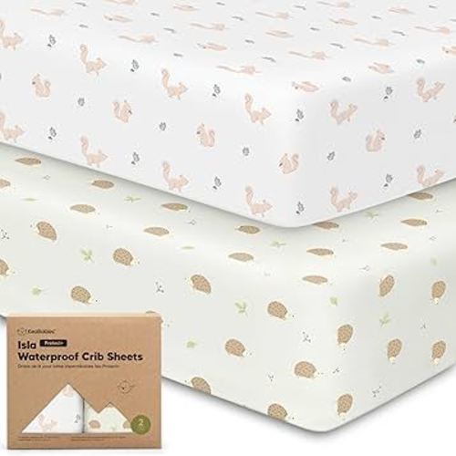 2-Pack Waterproof Baby Crib Sheets for Boys, Girls - 52x28 Viscose Derived from Bamboo Toddler Bed Sheet Neutral, Fitted Crib Mattress Protector Cover for Baby Bedding, Soft & Gentle (Nibbles/Bruce)