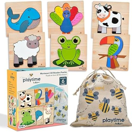 Magifire Wood Puzzles for Toddlers 1-3, Set of 6 Montessori Toys for 1 Year Old, Toddler Puzzles, Baby Puzzles with Large Pieces Safe for Kids, Includes Storage Bag and Giftable Box