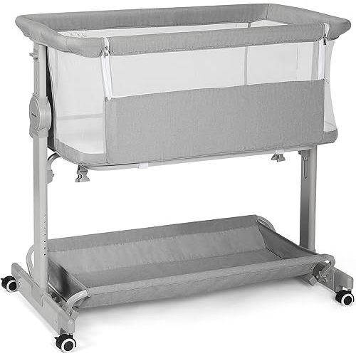Cowiewie Bassinet Bedside Sleeper, Baby Bassinet 10 Major Functions to Meet All The Needs of Newborn Bedside Bassinets with Wheels (Grey)