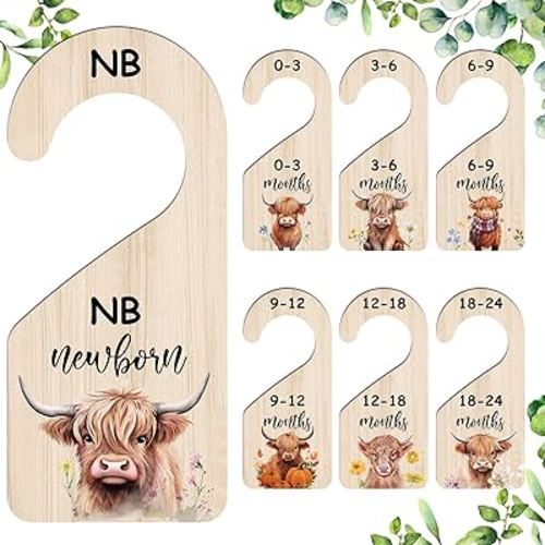 7 Pcs Highland Cow Baby Closet Dividers Double Sided Wooden Nursery Closet Dividers for Baby Boy Girl Newborn to 24 Months Home Nursery Supplies