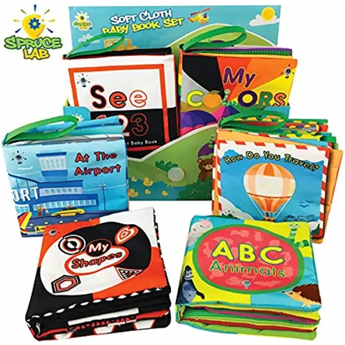 Educational Soft Baby Books - 6 Cloth Book Set - Early Learning Sensory Development for Babies - Crinkle Touch and Feel Toddler Toy - High Contrast Infant Toys - Boy/Girl Baby Shower 0-2 yr