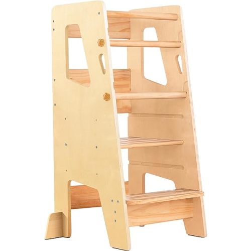 Toddler Standing Tower - Adjustable Height Toddler Kitchen Stool Helper - Ideal Kids Kitchen Step Stool for Learning New Skills - Updated Design with Safety Feet - Varnished