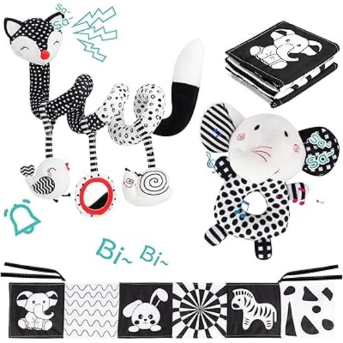 3 Pcs Car Seat Toys for Babies 0-6 Months,Black and White Baby Hanging Rattle Toys for Crib Mobile,High Contrast Baby Toys for Newborn Toys,Infant Sensory Toy Best Gift for 0-6 6-12months