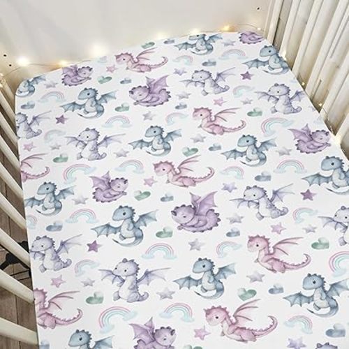 Fairytale Dragon Love Stars Rainbow Baby Crib Sheets for Boy Girl 28"x52" Cute Dragons Purple Soft Snug Fitted Crib Mattress Cover Fantasy Animal Baby Sheet for Standard Crib & Toddler Bed Mattress