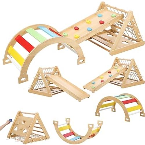 Toddler Indoor Gym Playset, 3in1 Wooden Climbing Toys, 3-Sided Wooden Triangle Climber with Climbing Net,Sliding Ramp, Sandbags & Board for Boys Girls Gift,Home & Daycare