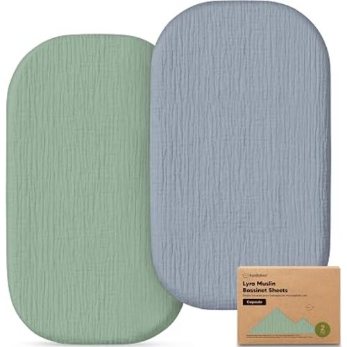 2-Pack Muslin Baby Bassinet Sheets Girls, Boys – 100% Cotton Organic Bassinet Sheets, 33x20 Oval Capsule Mattress Cover, Universal Fit Compatible with Maxi Cosi Iora Baby Bassinet Mattress (Slate)