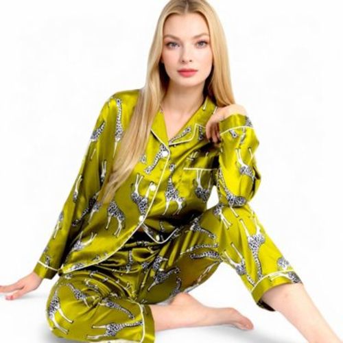 Anna-Kaci Lounge Women's Satin Pajama Set with Giraffe Print and Button-Down Top- Yellow,Small