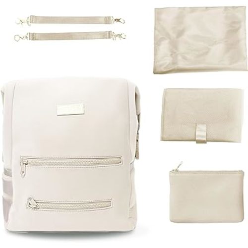 BUNSO Diaper Bag Backpack, Water-resistant Neoprene Bag With Changing Pad, Stroller Straps, Wet Bag and Pouch (Cream)