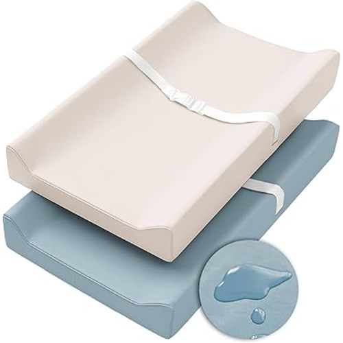 Konssy Vegan Leather Changing Pad Cover for Baby Girls Boys, 2 Pack Waterproof & Wipe-Clean Diaper Chang Table Covers, Soft Changing Pad Sheets (Blue,Beige)
