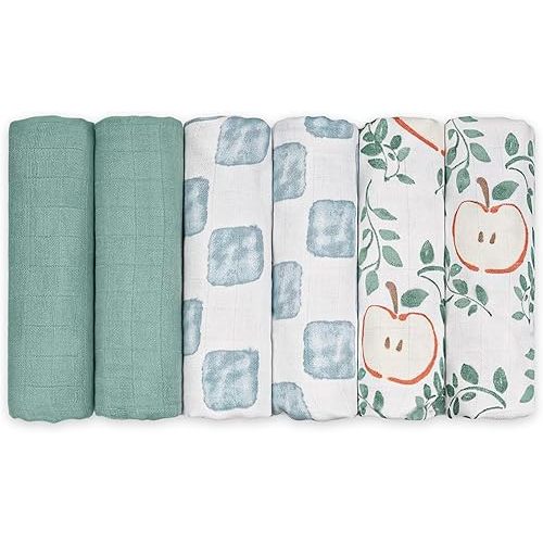 GLLQUEN BABY Receiving Blanket Boy Cotton Muslin Swaddle Blankets Girl Newborn Squares Breathable & Soft Thin Baby Blankets Cloths Double Absorbent Infant Swaddling Wrap - 6 Pack (Apple)