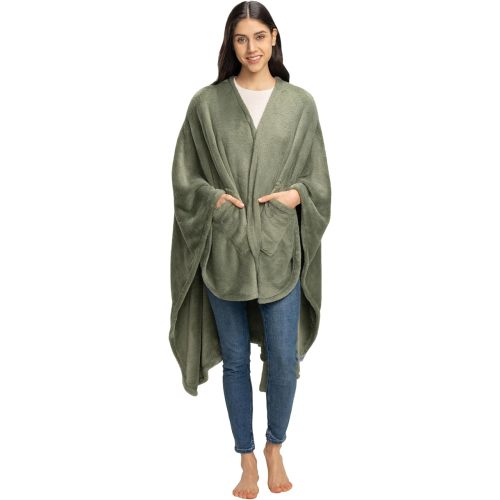 Berkshire Blanket Primalush™ Wearable Blanket, Cozy Loungewear Pocketed Plush Cape Wrap for Adults & Teens(Dark Sage, One Size 58"X64")