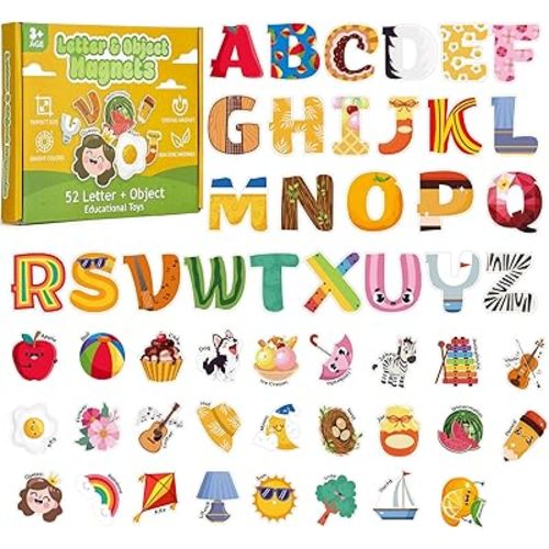 Fridge Magnets for Toddlers,Large Size 26 Uppercase Magnetic Letters & 26 A-Z Objects Refrigerator Magnets, Cute Fridge Magnetic Preschool Spelling Learning Gift for Kids Toddlers 3-5