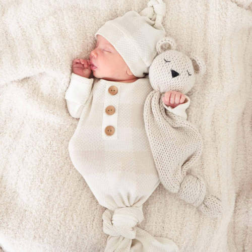 Big Check Bamboo Waffle Newborn Baby Knot Gown & Hat Set | Sand