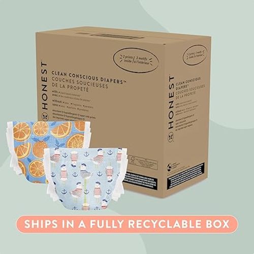 The Honest Company Clean Conscious Diapers | Plant-Based, Sustainable | Orange You Cute + Feeling Nauti | Super Club Box, Size 3 (16-28 lbs), 120 Count