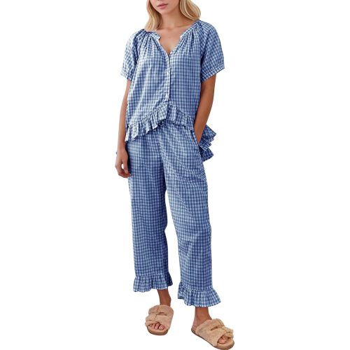 COZYPOIN Womens Gingham Pajama Set 2 Piece Plaid Cotton Pjs Cute Ruffle Sleepwear Maternity Bridesmaid Pajamas Loungewear