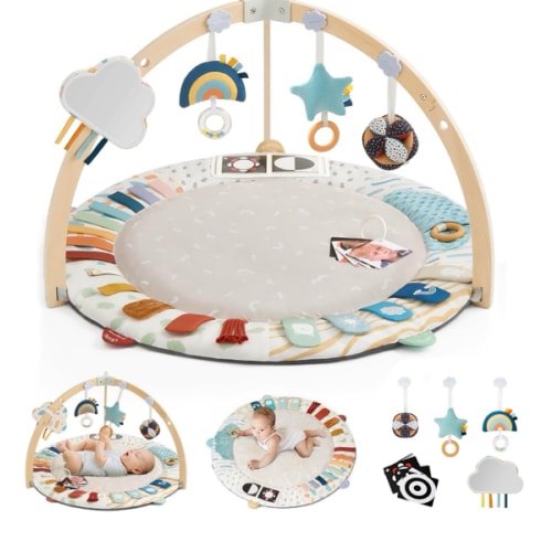 Blissful Diary Baby Play Gym & Activity Mat, 5 Developmental Zones Wooden Tummy Time Mat with 6 Detachable Sensory Toys for Motor Skills & Sensory Development, Baby Essentials Shower Gift