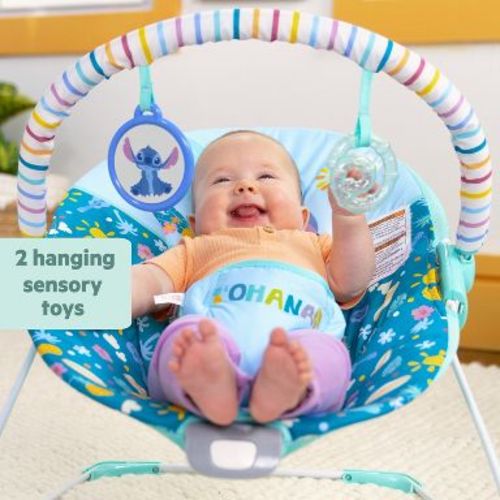 Bright Starts Disney Baby Vibrating Bouncer - Stich: Folds for Easy Transport, 3-Point Harness, Metal Frame