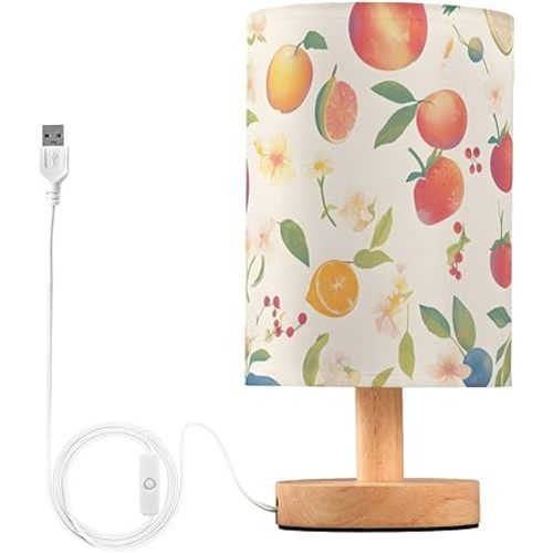 Multiple Fruit Bedside Lamps for Bedrooms, Small Table Lamps, Modern Nightstand Desk Lamp with USB Port, Wood Base Round Flaxen Fabric Shade for Living Room Office Farmhouse