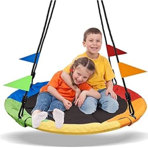 PACEARTH 40 Inch Saucer Tree Swing Flying 900lb Weight Capacity 2 Added Hanging Straps Adjustable Multi-Strand Ropes Colorful Safe and Durable Swing Seat for Children